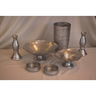 Akcam Geschenkset 7 Teile Silver Glitter Obstschale  Aschenbecher  Vase Kerzenständer